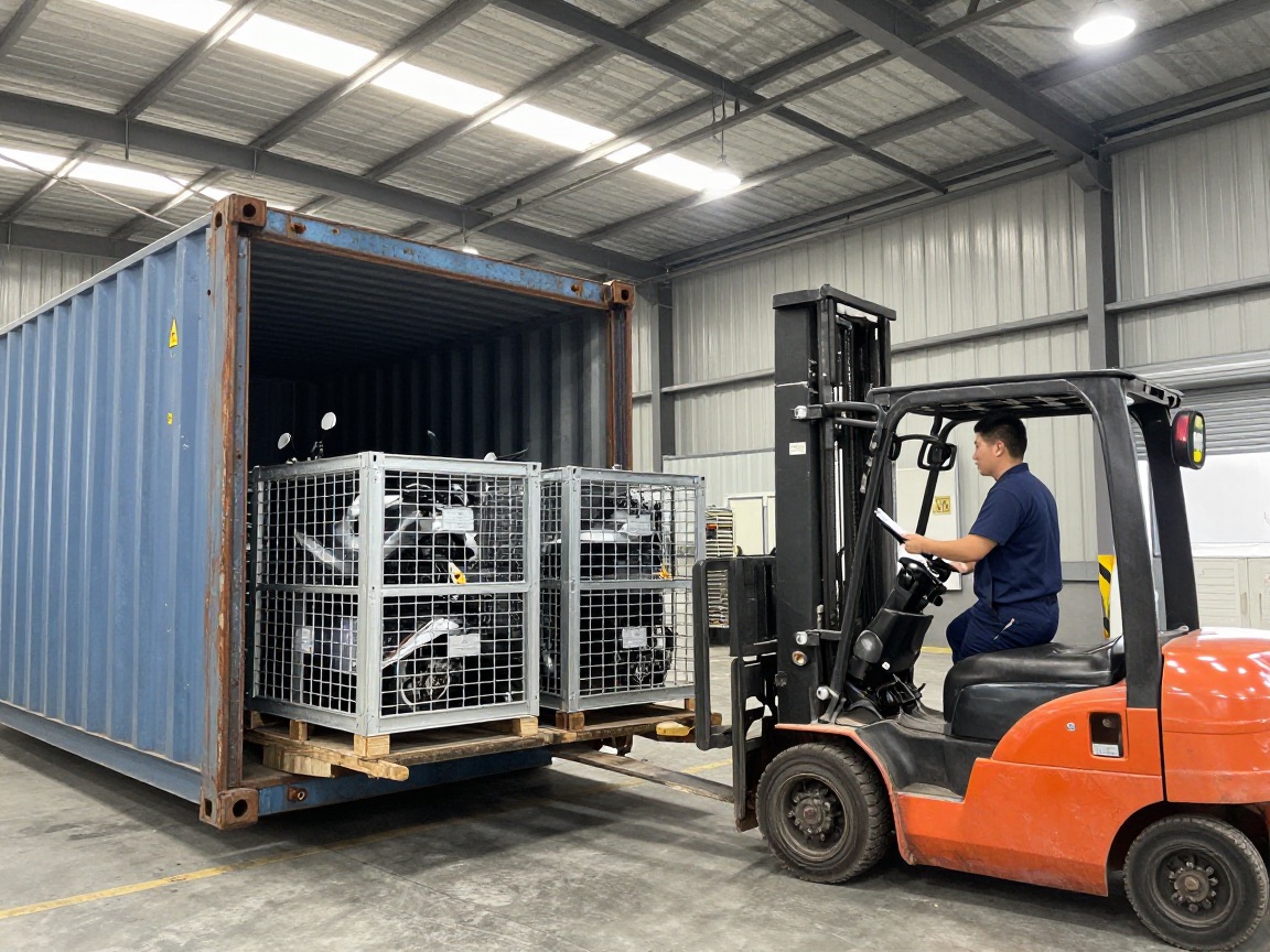 Crated motorcycles being loaded into a container by forklift